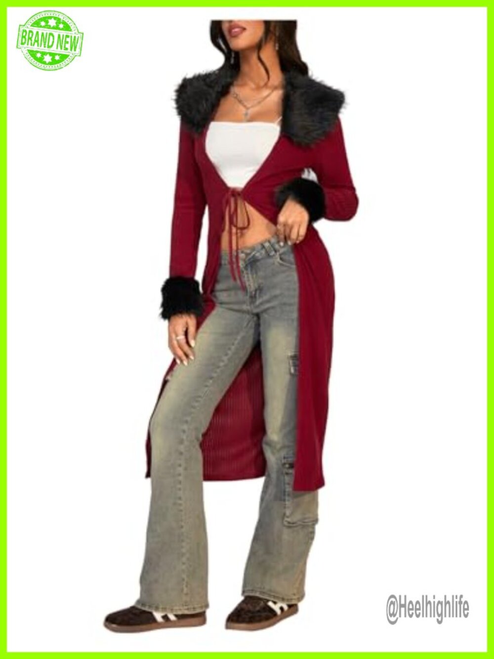 SOLY HUX Women's Y2K Long Fuzzy Fur Trim Open Front Knit Cardigan Sweater